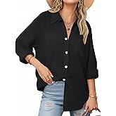 Esabel.C Womens Oversized Button Down Shirts Long Sleeve Dress Shirts Wrinkle Free Solid Blouses Tops with Pockets