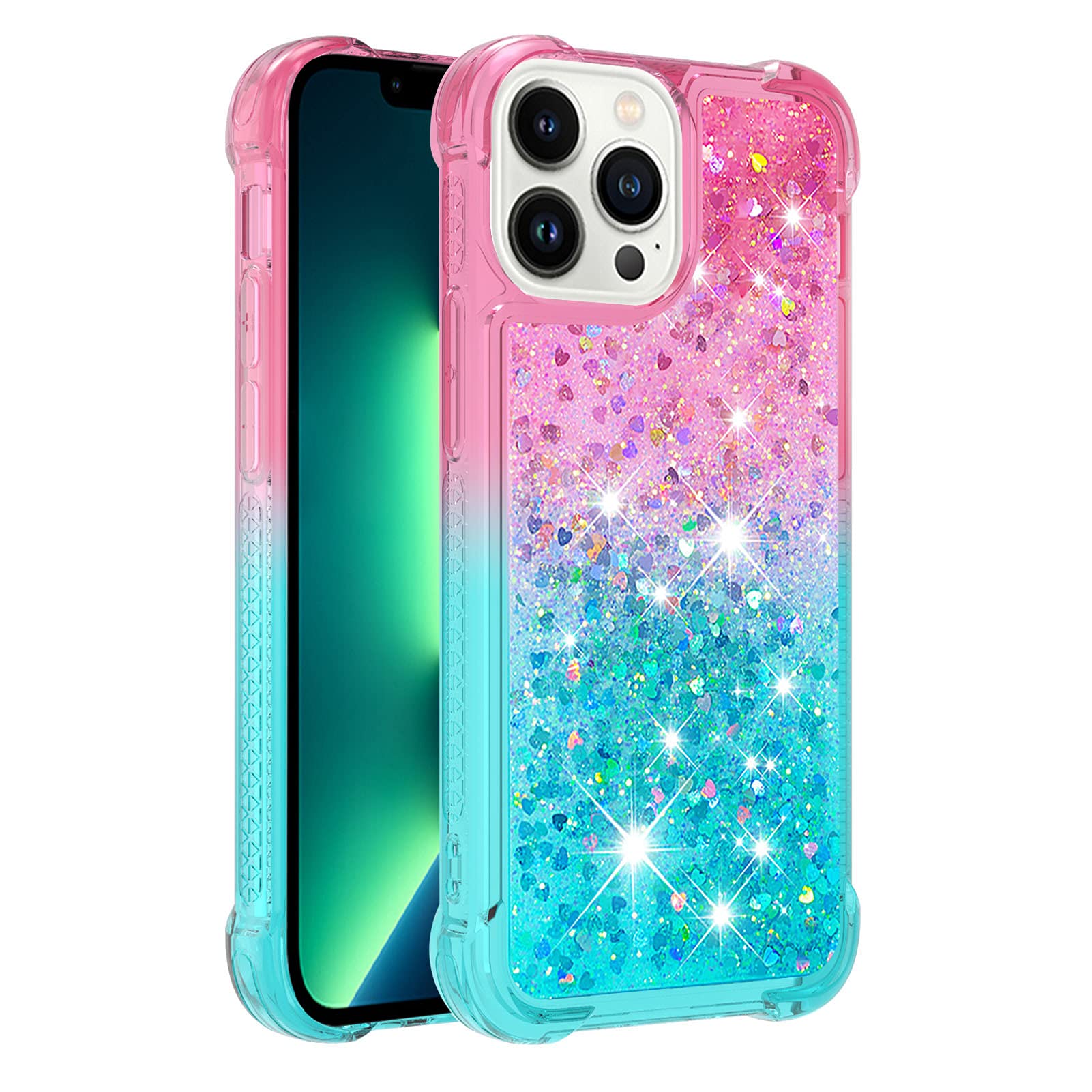 KBIKO-zxl Compatible with Glitter Liquid Case for iPhone 14 Pro Max, Sparkle Sequin Floating Quicksand Solid Love TPU Shockproof Protective Cover for iPhone 14 Pro Max.Pink Blue YBJ