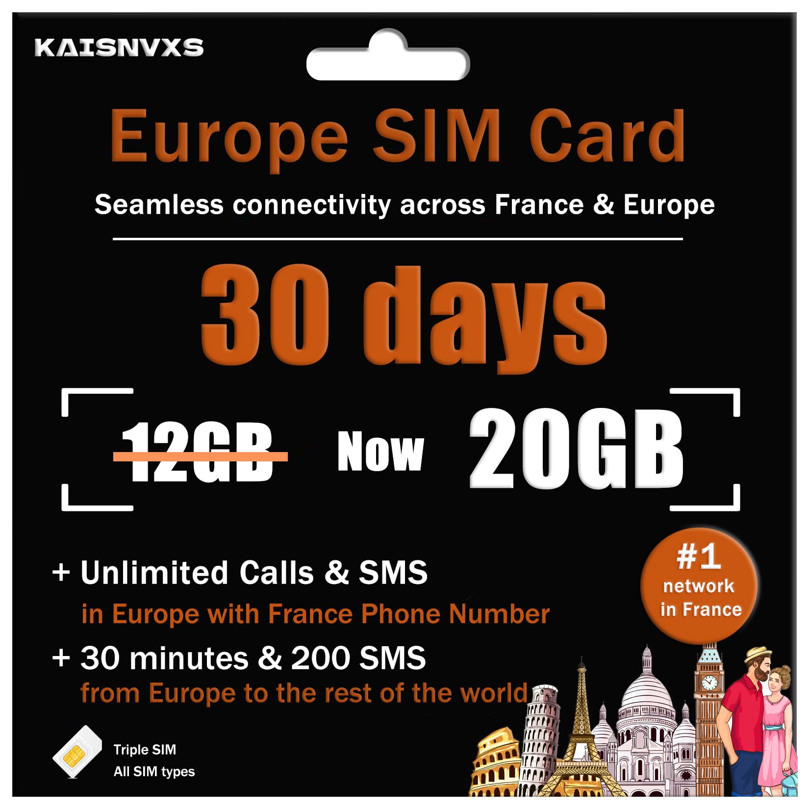 Photo 1 of Prepaid SIM Card for Europe Travel with 20GB of 4G Data, Unlimited Calls and SMS in Europe with France Phone Number, 30 mins and 200 SMS from Europe to Worldwide(Lasts for 30 Days),Tethering Allowed