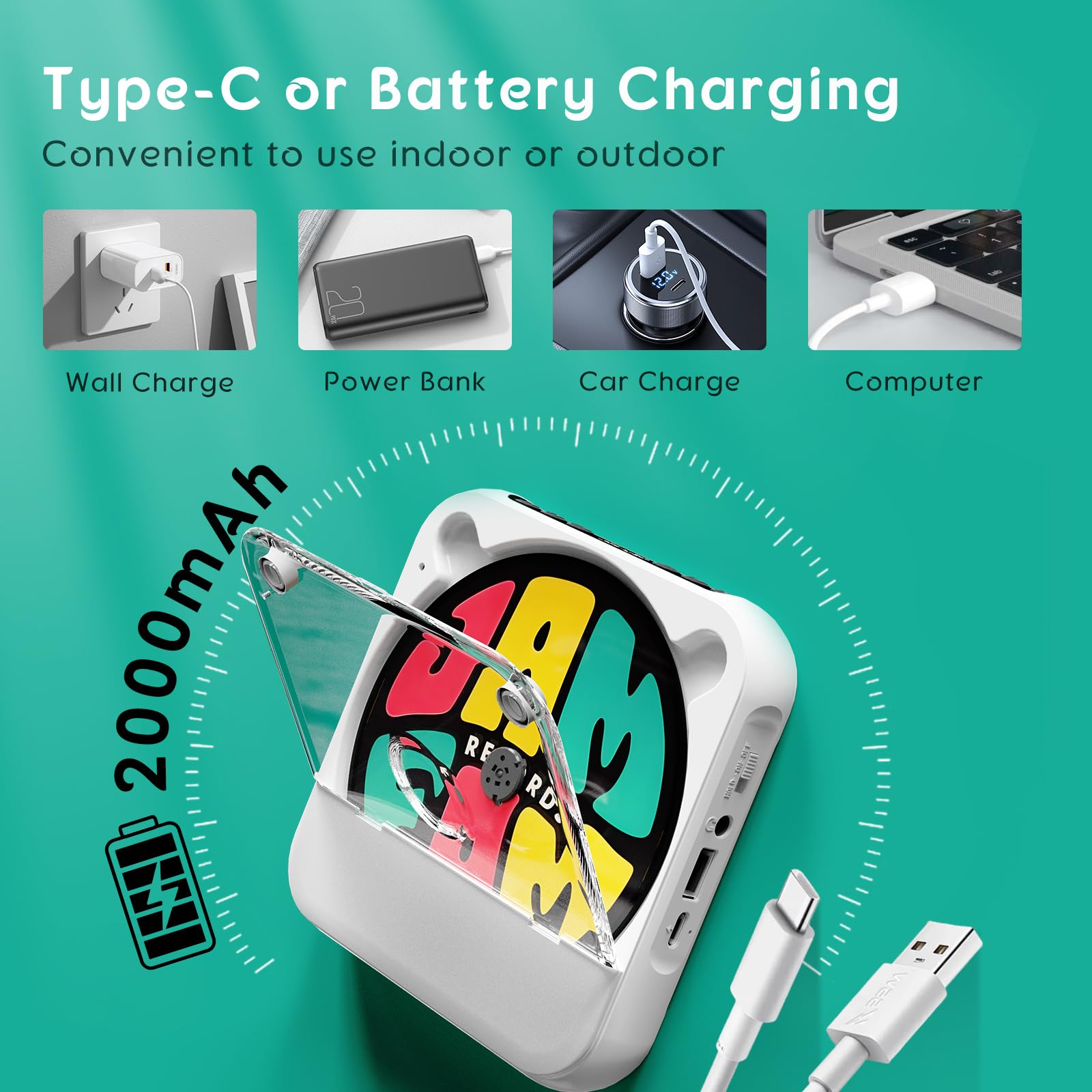 Portable CD Player with Bluetooth, Rechargeable CD Player for Home/Car, Built-in HiFi Speakers, Headphones, LCD Screen, Supports CD/AUX/USB and Repeat Modes, White