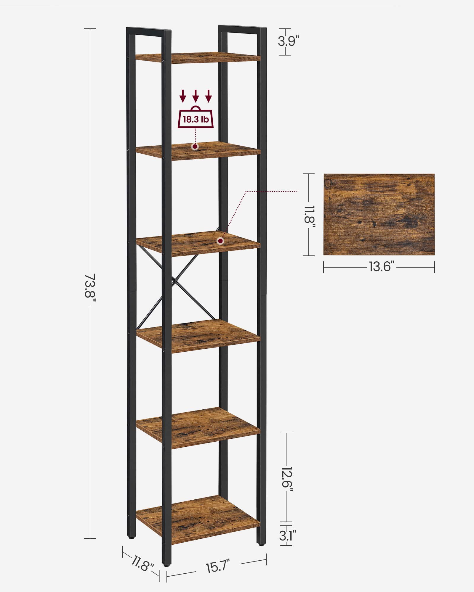 VASAGLE 6-Tier Bookshelf, Bookcase with Steel Frame, Book Shelf for Living Room, Home Office, Study, 11.8 x 15.7 x 73.2 Inches, Industrial Style, Rustic Brown and Ink Black ULLS101B01
