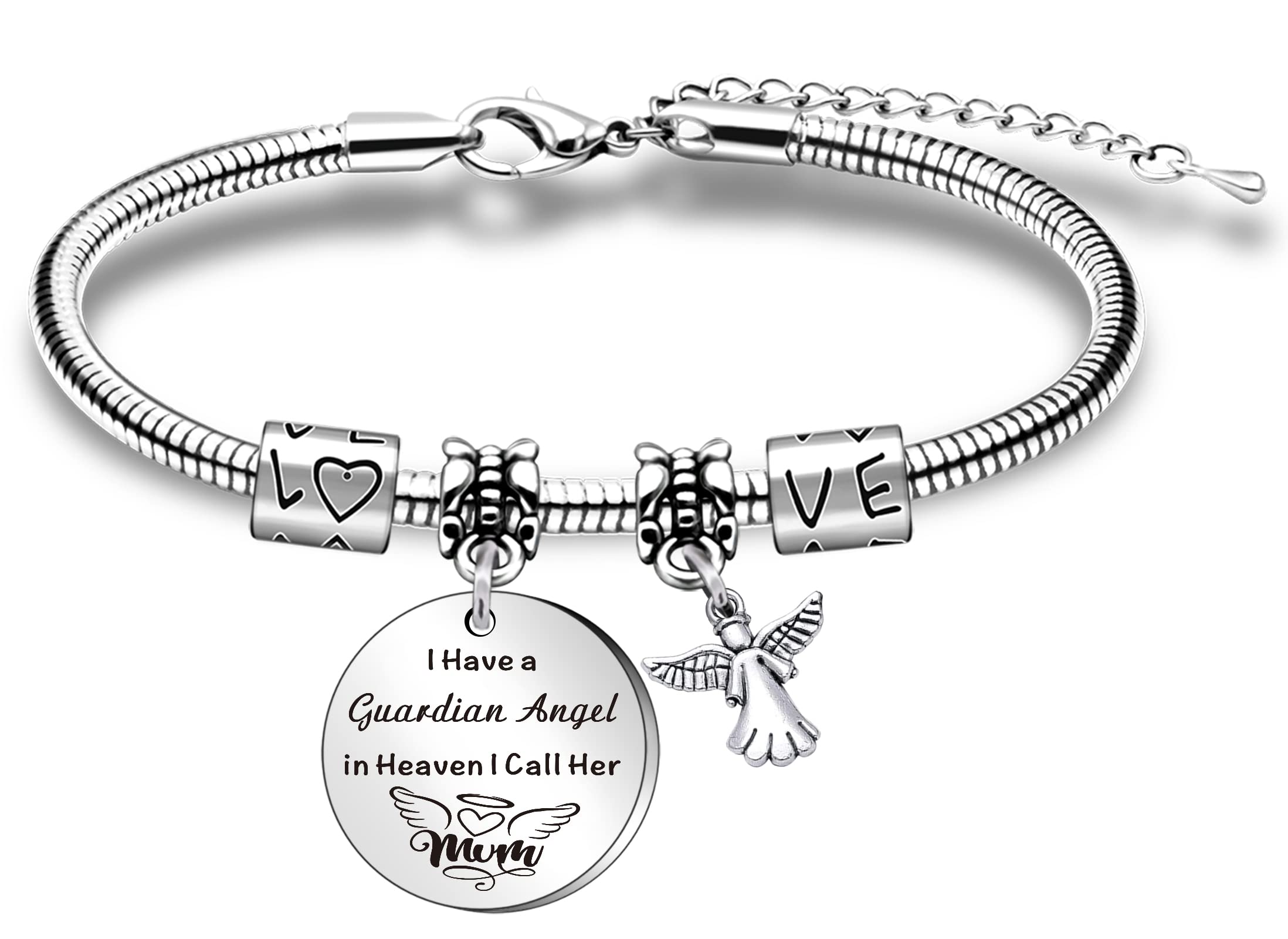 WTOPP Mum Memorial Bracelet Gift Loss of Mother Jewelry I Have a Guardian Angel in Heaven I Call Her Mum, Silver