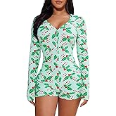 Women Christmas Pajama Onesie Long Sleeve V-Neck Bodycon Romper One-Piece Jumpsuit Shorts Holiday Outfit