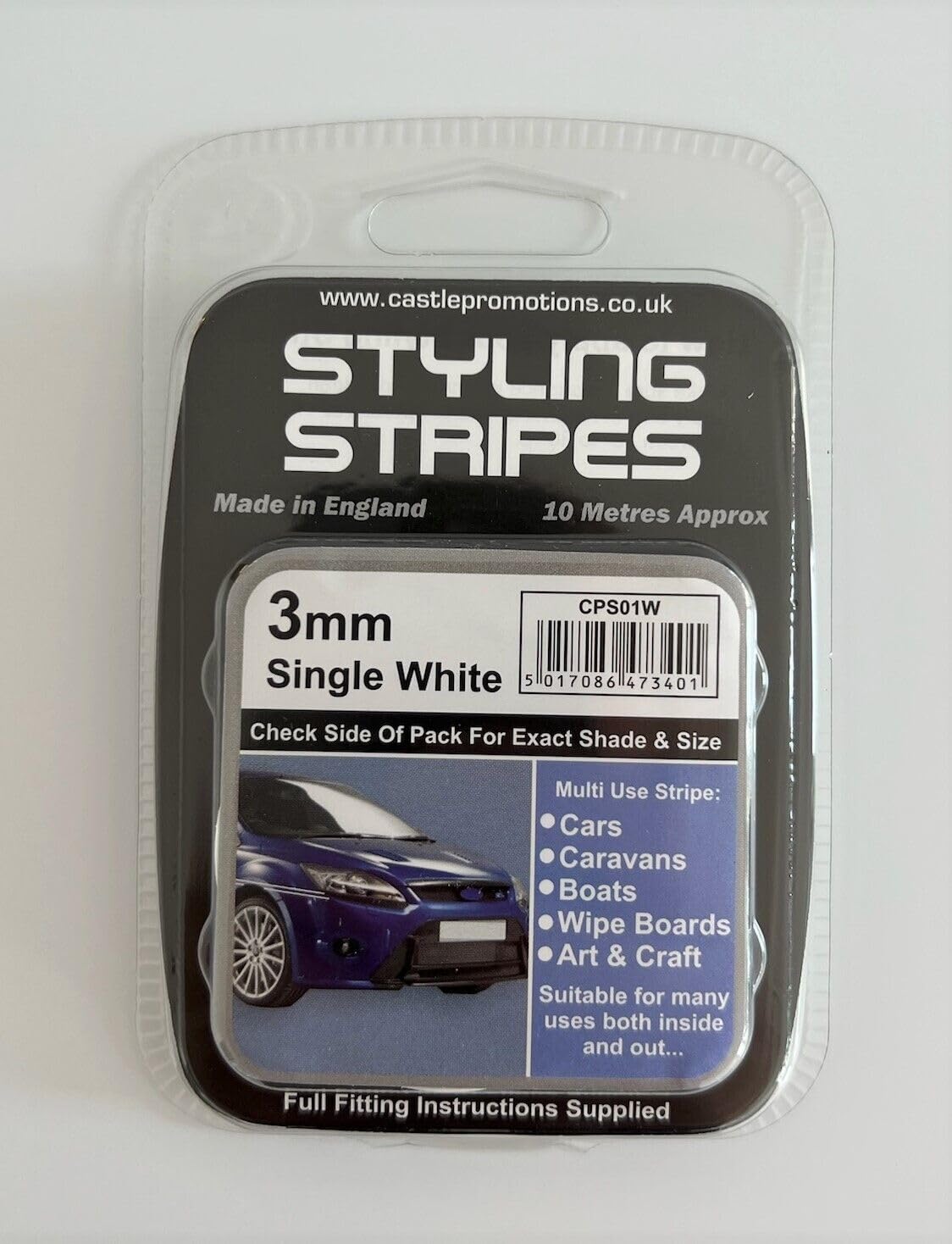Pin Stripe 3mm x 10mtr Self Adhesive Car Pin Stripe Black - White - Red - Gold - Silver Coach Tape Styling Stripe (White)
