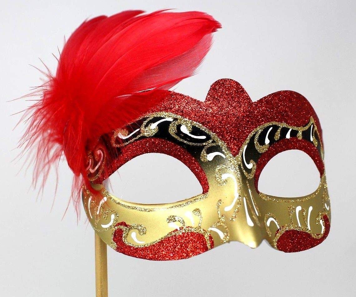 LADIES RED WHITE & GOLD VENETIAN MASQUERADE HALLOWEEN CARNIVAL PARTY EYE BALL FEATHER MASK ON A STICK