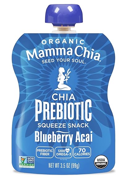 MAMMA CHIA ORGANIC PREBIOTIC SQUEEZE SNACK, BLUEBERRY ACAI, FIBER-RICH PREBIOTIC GUT SUPPORT,USDA ORGANIC, NON-GMO, VEGAN, GLUTEN FREE, 3.5 OUNCE (PACK OF 8)