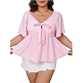 Verdusa Women's Plus Size Coquette Tie Front T Shirt Deep V Neck Ruffle Hem Knit Tee Tops