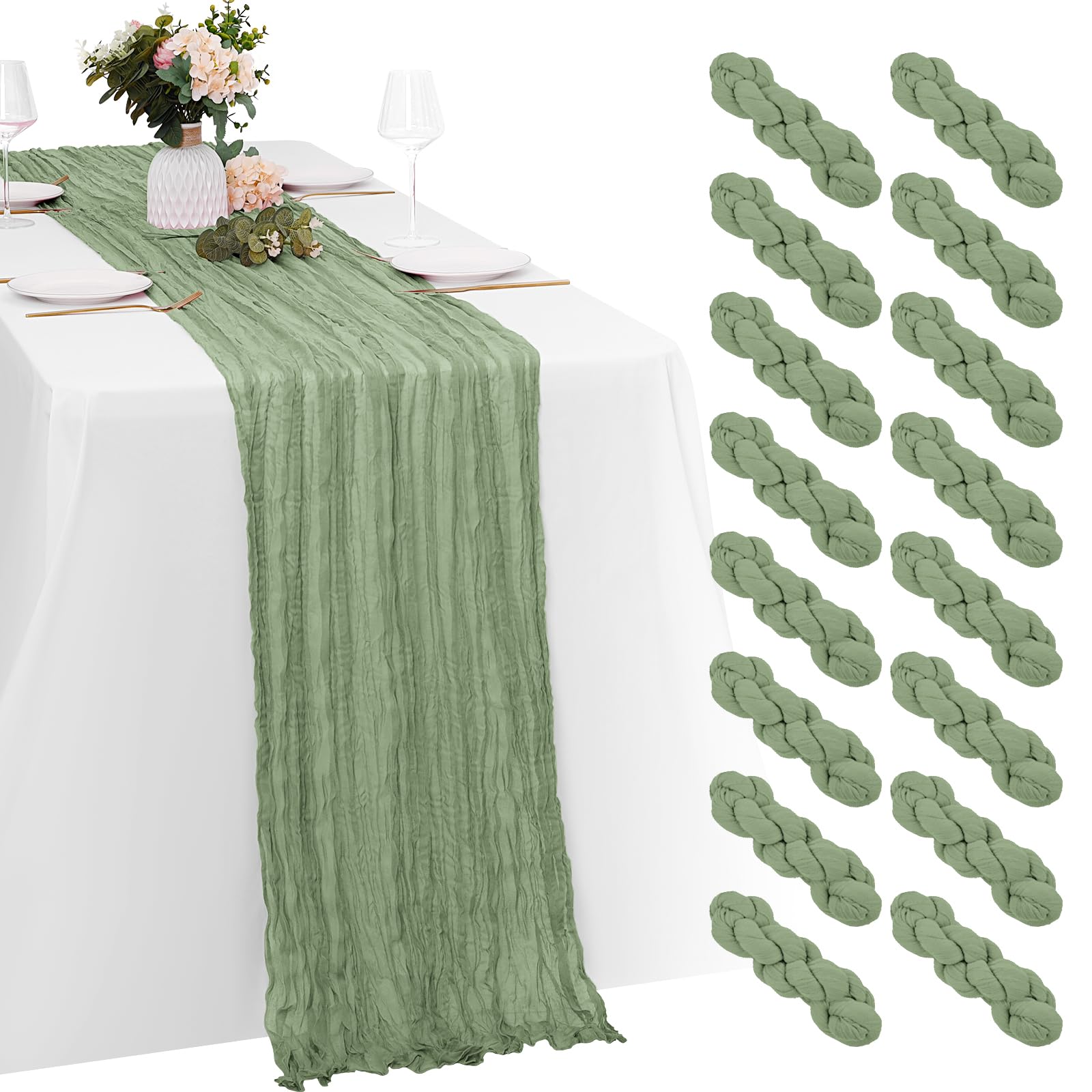 Photo 1 of 16 Pack Sage Green Cheesecloth Table Runners 20x120 Inch Gauze Table Runner Cheese Cloth 10FT Green Table Runner Rustic Sheer Runner for Wedding Baby Shower Birthday Party Table Decor