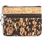 Eco-friendly Natural Cork Coin Purse, Boshiho Mini Coin Change Wallet Credit Card Holder Zipper Pouch Vegan Wallet with Key Ring Keychain