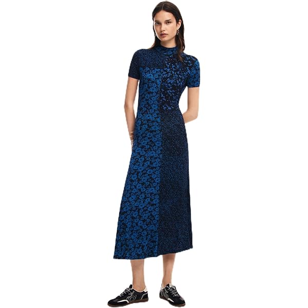Desigual Women's Long Sleeve Knit Dress - Geometric Print Pleated Mini Dress