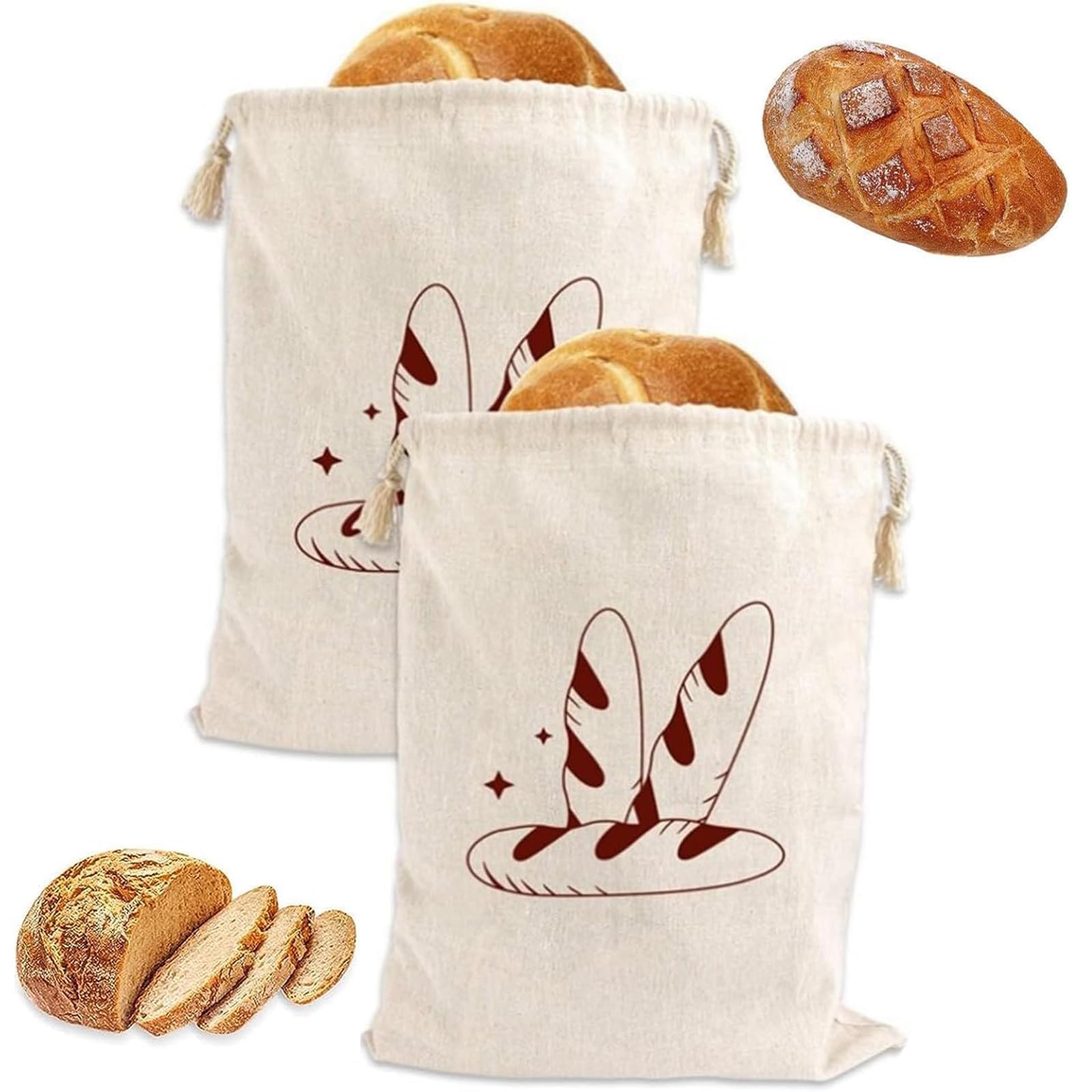 2PCS Linen Bread Bags - Large Reusable Muslin Homemade Eco Bread Storage Bags with Drawstring