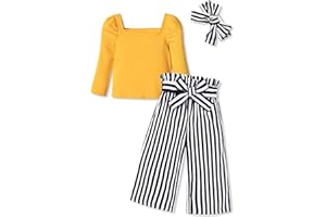 Ribabz Toddler Girl Clothes, Toddler Outfit Square Neck Puff Long Sleeve Top + Striped Pants + Headband 3Pcs Set