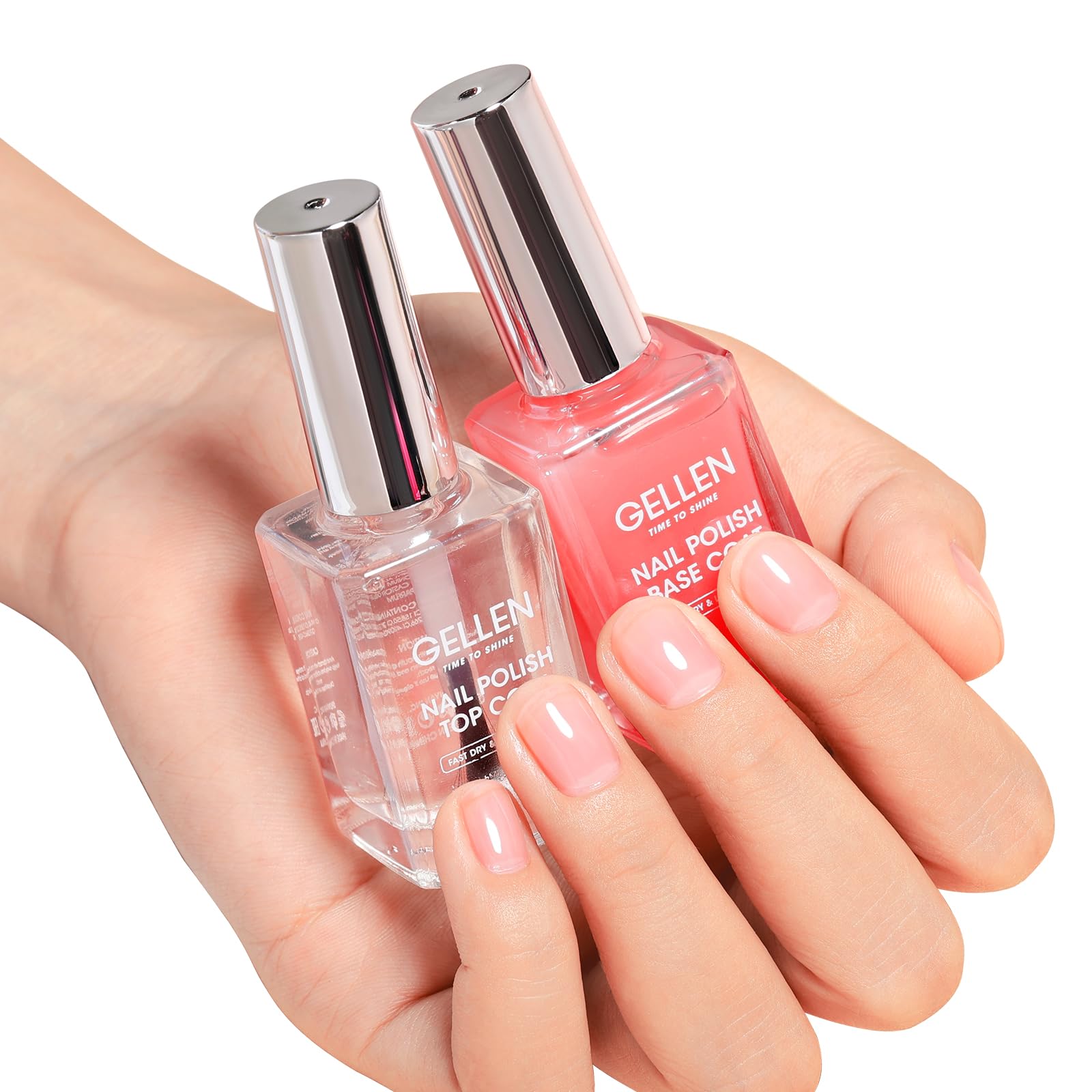 Photo 1 of GELLEN Clear Nail Polish Base Top Coat, Sheer Pink Tinted Base Coat & Shine No Wipe Top Coat for Strengthening Thin Damaged Natural Nails, Quick Dry Regular Nail Polish No UV Gel, Hema Free, Non-toxic