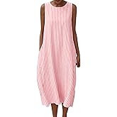 LOMON Summer Dresses for Women Cotton Casual Maxi Dress Beach Vacation Long Sundresses Plaid Striped with Pockets