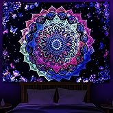 Heopapin Blacklight Tapestry Trippy Galaxy Mandala Tapestries UV Reactive Butterflies Flower Wall Hanging Tapestry for Bedroom Living Room 59.1L x 51.2W