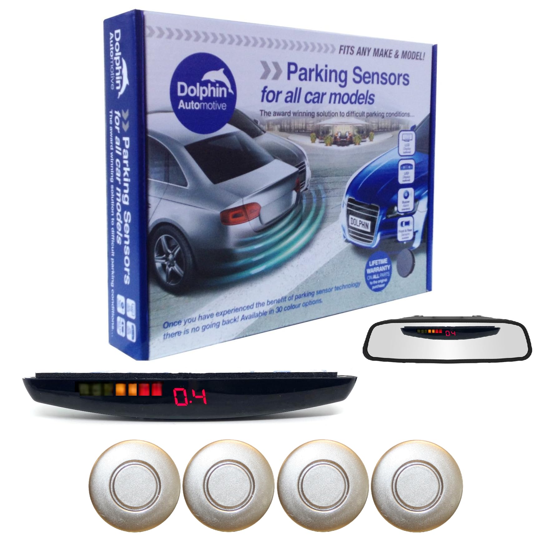 Dolphin DPS455 Reverse Parking Sensors In 32 Colours 4 Ultrasonic Radar Sensors Kit Audio & Rear Roof Mounted Display Alert System Matt & Gloss Black +30 More Colours (Champagne)
