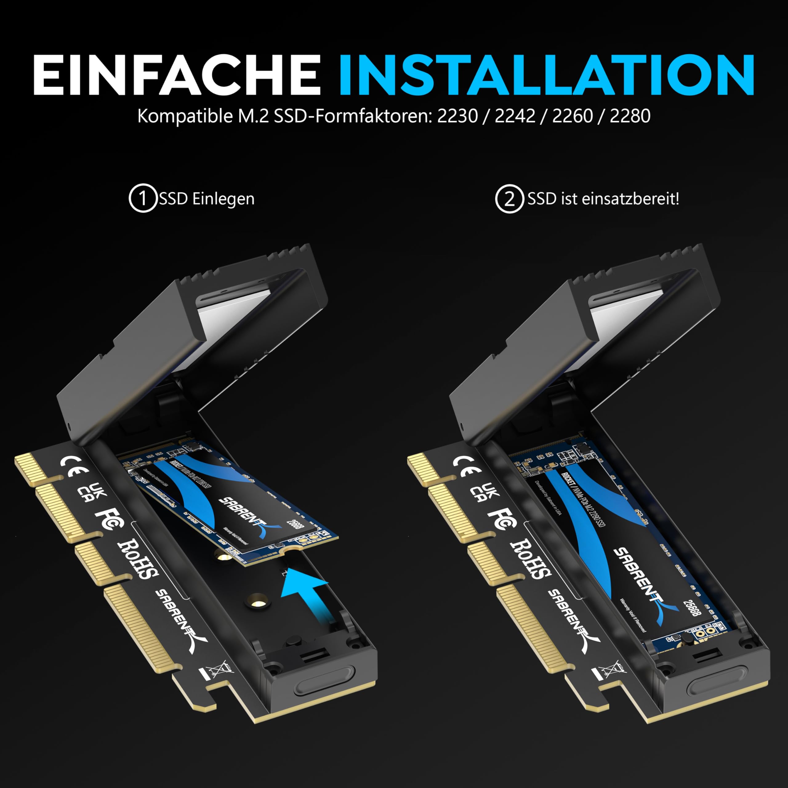 SABRENT M.2 NVMe zu PCIe x16 Adapter für Gen5 SSDs PCIe 5.0, Werkzeuglose Zusatzkarte mit Aluminium-Kühlkörper (EC-TFPE) 2