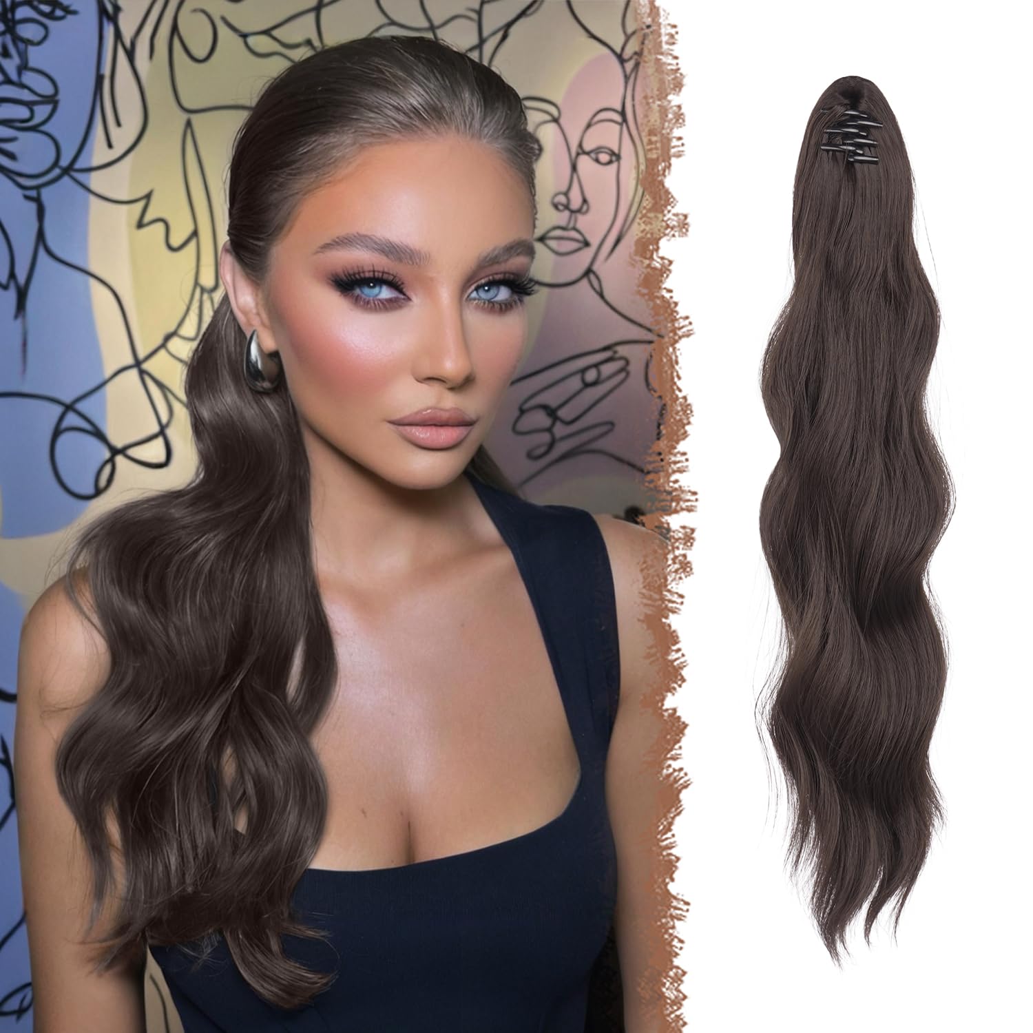 FESHFEN Ponytail Extensions 20 inch Long Wave Ponytail Claw Clip in Pony Tail Hair Extensions Wavy Ponytails with Claw Clip Synthetic Hairpieces for Women Girls Brown