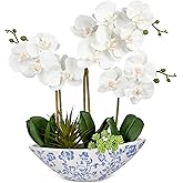 Briful White Orchid Fake Flowers 17in Artificial Orchid Silk Flowers in Blue and White Ceramic Pot Faux Orchid Arrangement for Home Office Bathroom Dining Table Modern Decoration