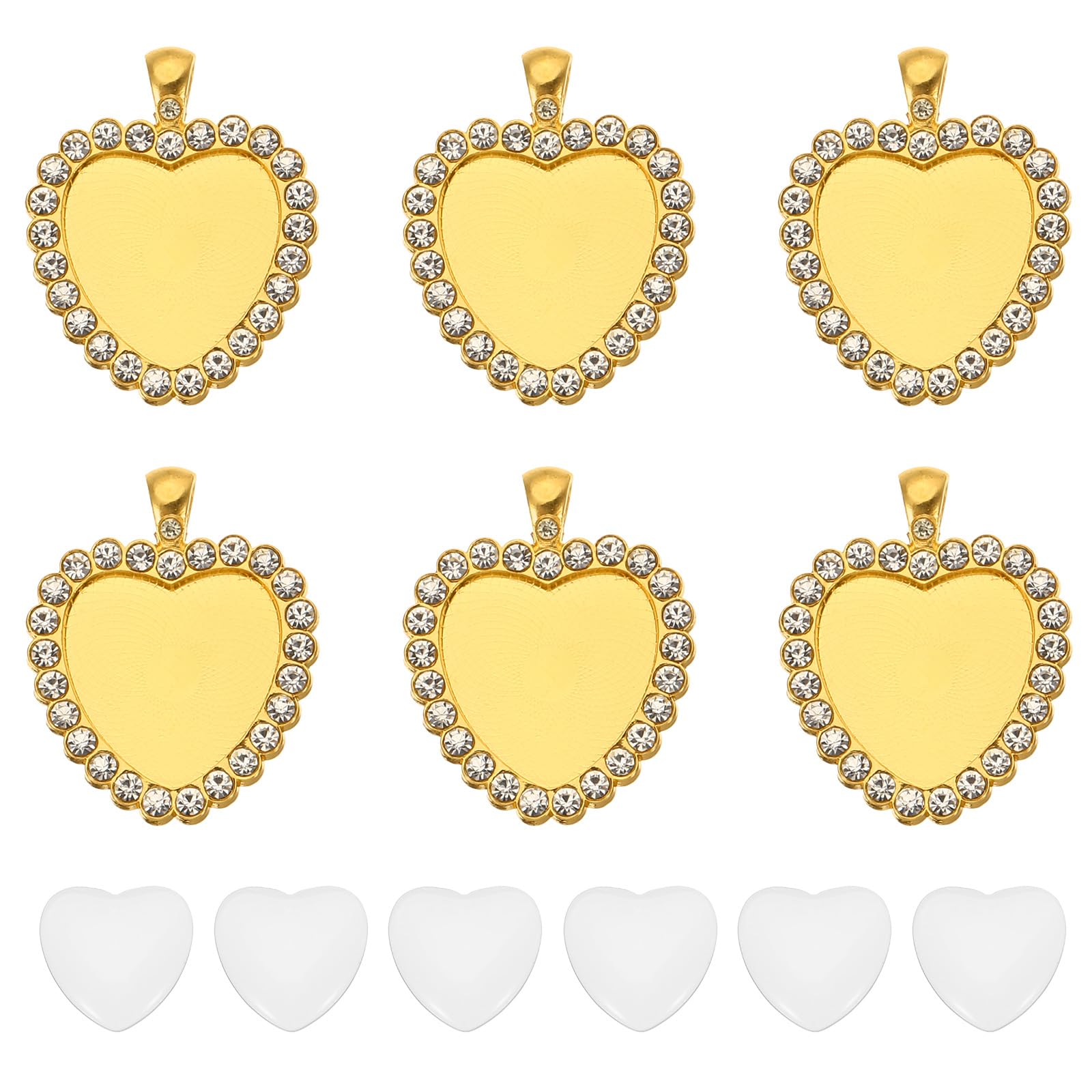 PATIKIL 1.5x0.9 Blank Picture Pendants, 6Pcs Metal Heart Rhinestone Bezel Pendant Trays with 6Pcs Glass Discs for Photo Pendants DIY Crafts Making, Gold Tone