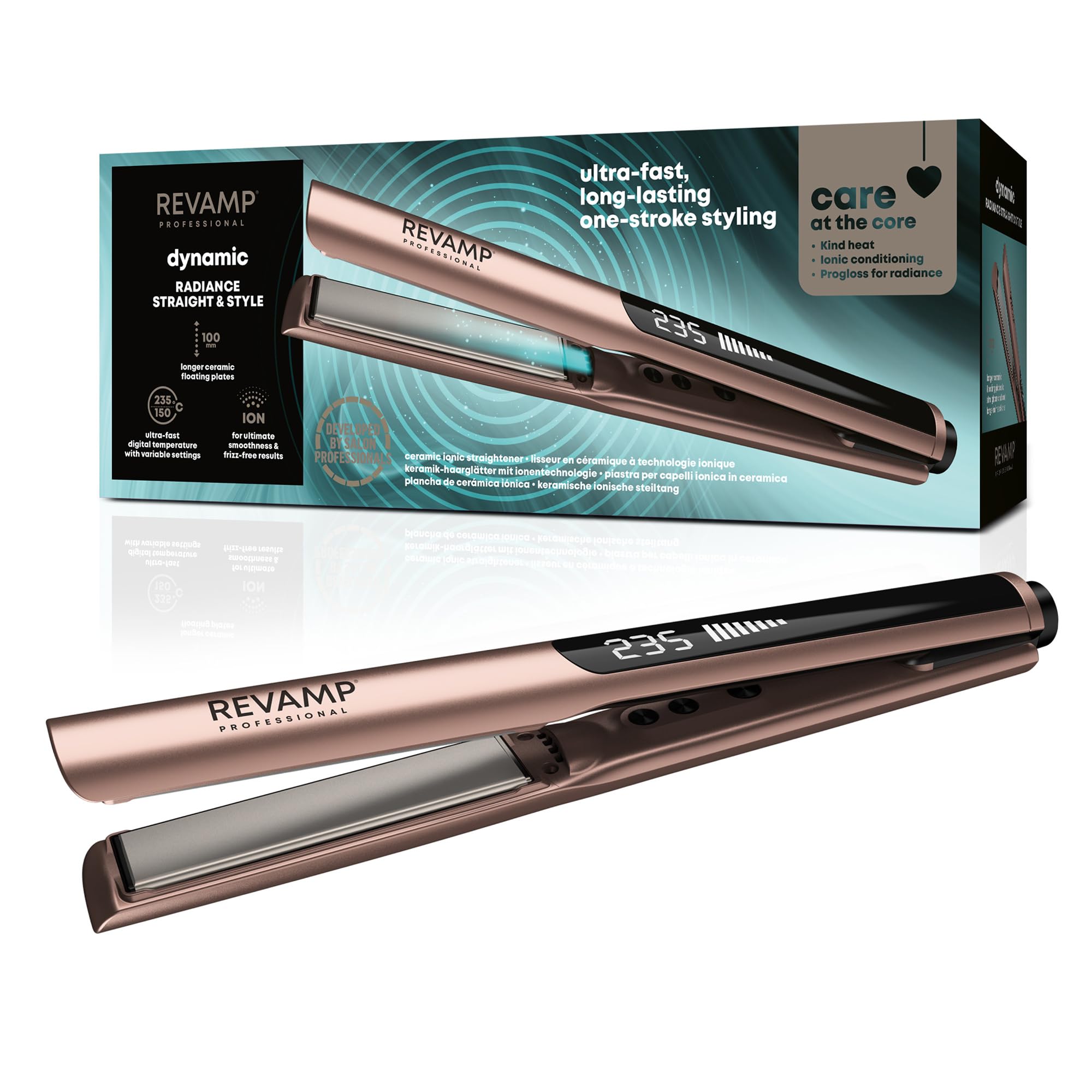 REVAMP Dynamic Radiance Straight & Style Ionic Ceramic Hair Straighteners - Extra-Long Plates for One Stroke Styling, Curved Design for Lasting Waves, Curls - Salon Professional Hair Straightener