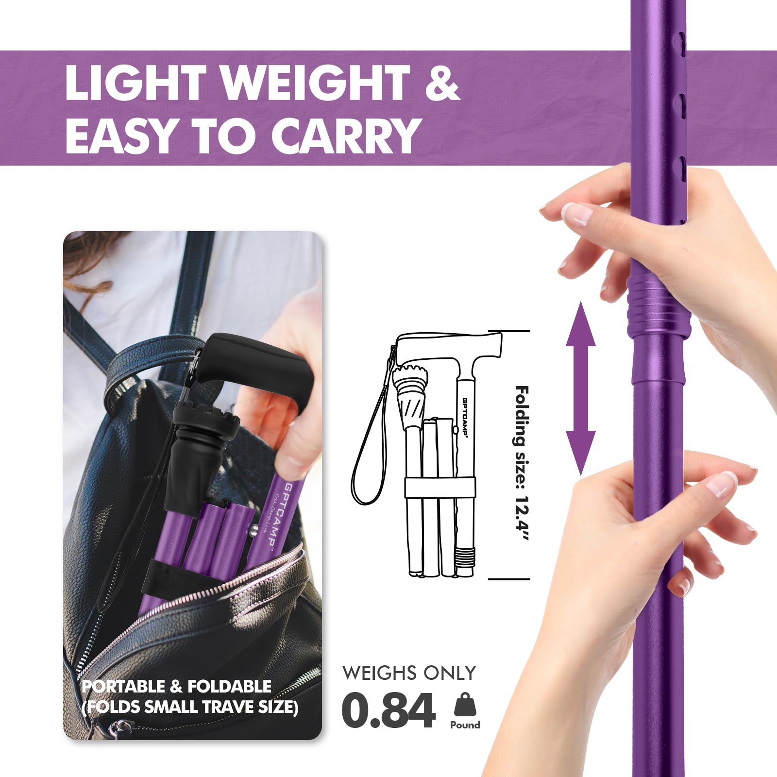 GPTCAMP G2 Walking Stick, Fold-up Walking Cane for Women and Men with Wrist Strap, Portable, Foldable, Collapsible, Lightweight and Sturdy with Comfortable T Handle