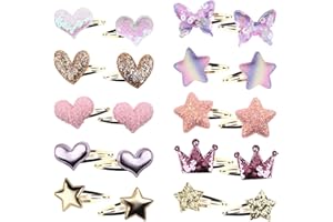 VEGCOO 10 Pairs Girls Hair Clips, Star/Crown/Heart/Butterfly Shaped Hair Pins, Cute Hair Clips Metal Snap Barrettes Sparkly H