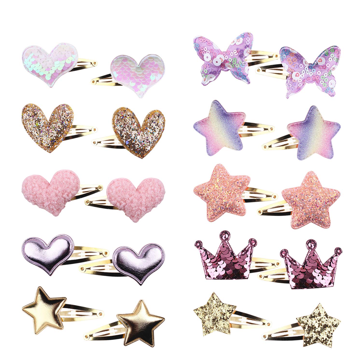 10 Pairs Cute Hair Clips - Star/Crown/Heart/Butterfly Shaped Metal Snap Barrettes Sparkly Heart Shaped Hair Clips for Kids