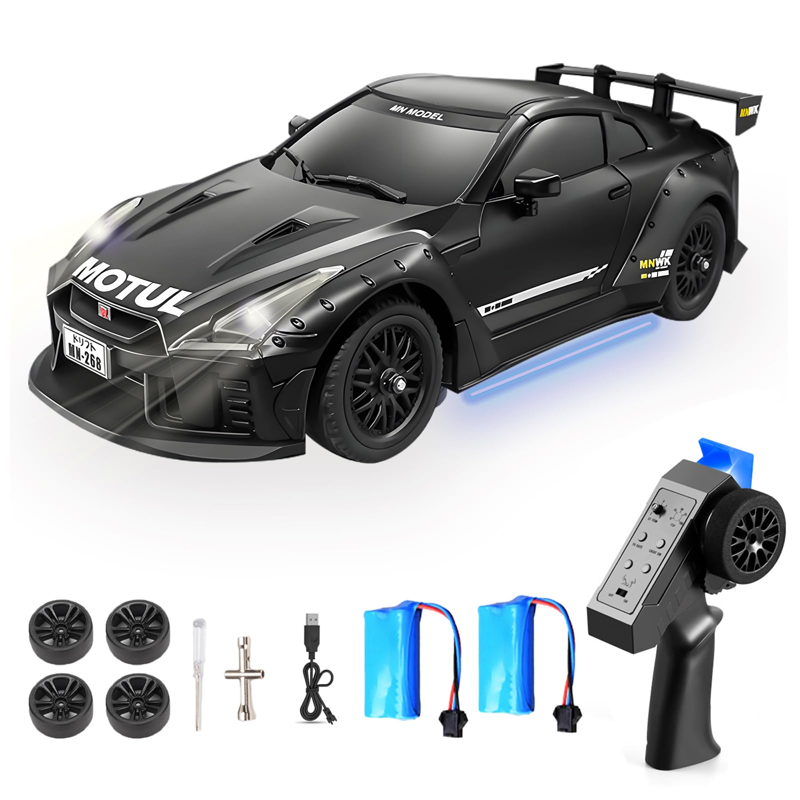 Hylukon MN-268 RC Drift Car, 1:16 Scale High Speed 20 KM/H Racing Drift Car with Gyro, LED Lights and Drift Tires, 2.4G Hobby RC Cars Gift for Adults and Teens (2 Batteries)