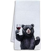 Shrago Funny Black Bear Wine Kitchen Towels, Bear Gifts for Women Men Dish Tea Towels for Kitchen Bar Cart, Gifts for Wine Lovers Decorative Hand Towel, 16x24 Inch