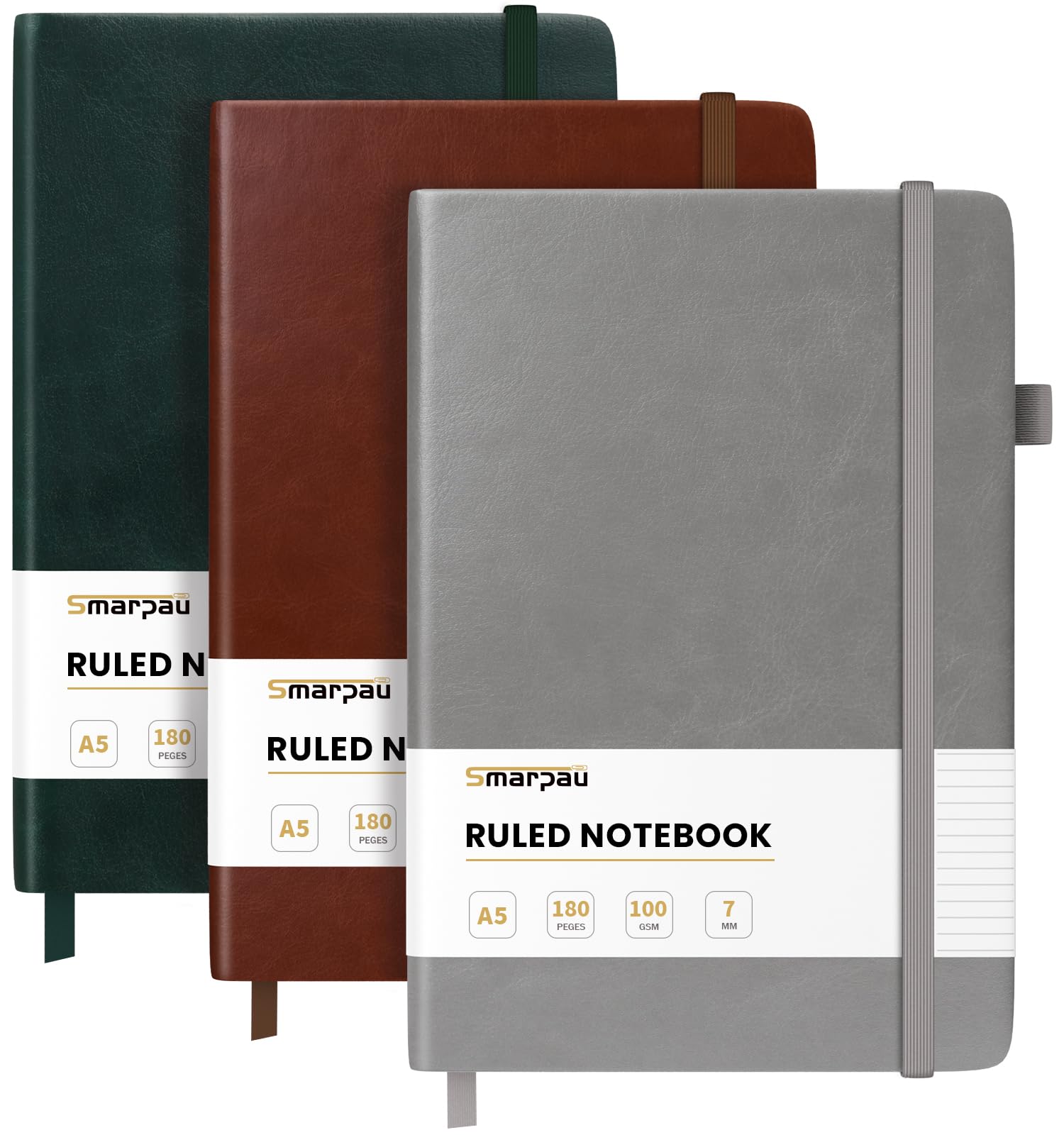 Smarpau Journal Notebook A5, 3 Pack Hardcover Notebooks with 100gsm Thick Paper, 540 Pages Leather Journals for Women Men Writing, 14.5 x 21cm - Dark Green, Grey, Brown