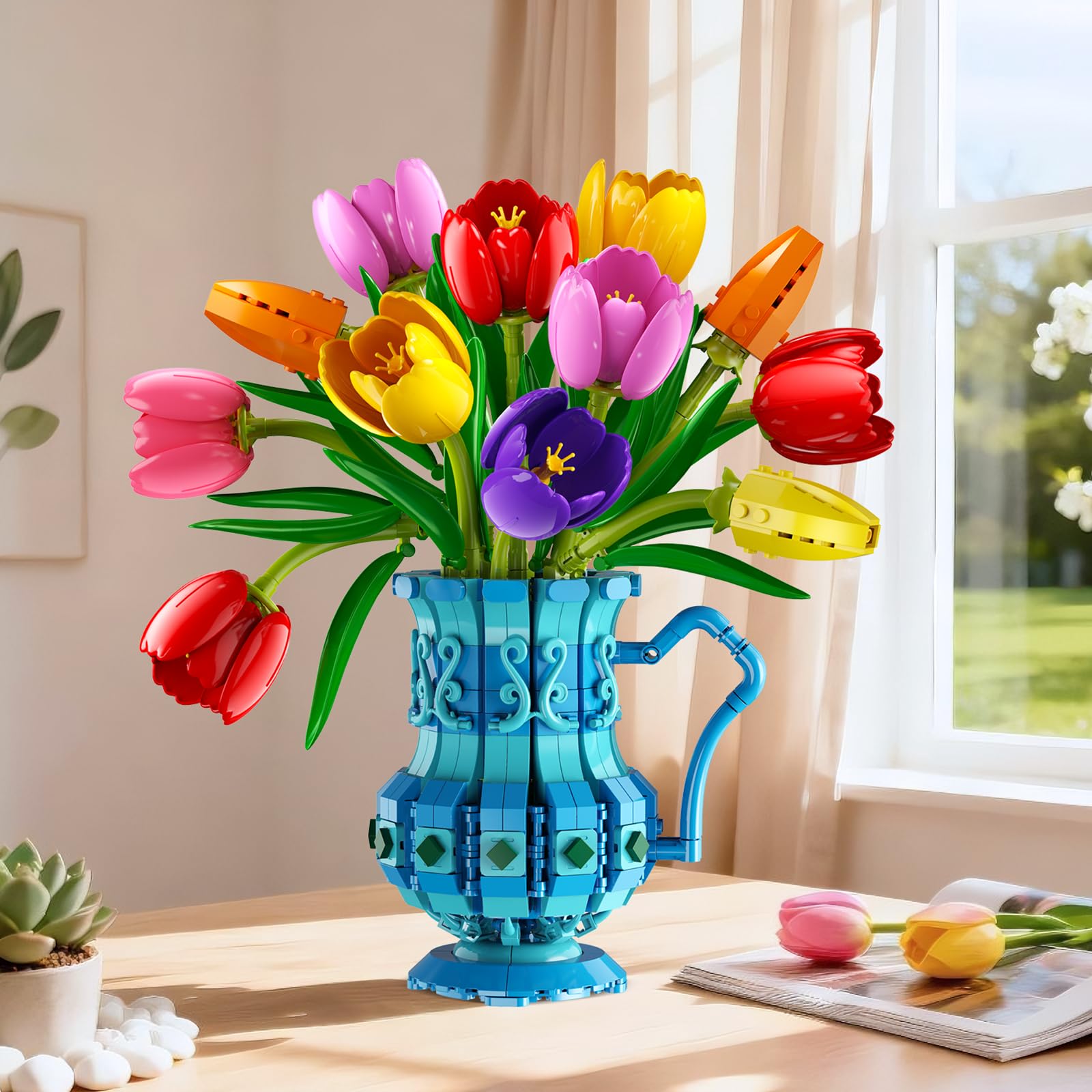 CUBIMANA Blumenstrauß Bausatz mit Vase, 768 Teile Tulpen Blumen Set für Erwachsene, Künstliche Botanicals Bonsai Bausteine für Home Deko, Valentinstag Geburtstag Geschenk für Frauen Mutter Mädchen 12+ 9