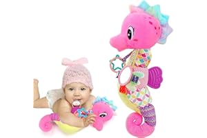JOOSHARKIDZ Baby Girl Toys 0-6 3-6 Months Musical Stuffed Animal Plush Pink Seahorse for Infant Tummy Time 6-12 Month with Baby Mirror Sensory Newborn Crinkle Developmental Toy Birthday Shower Gifts 0-3 4 5 Month