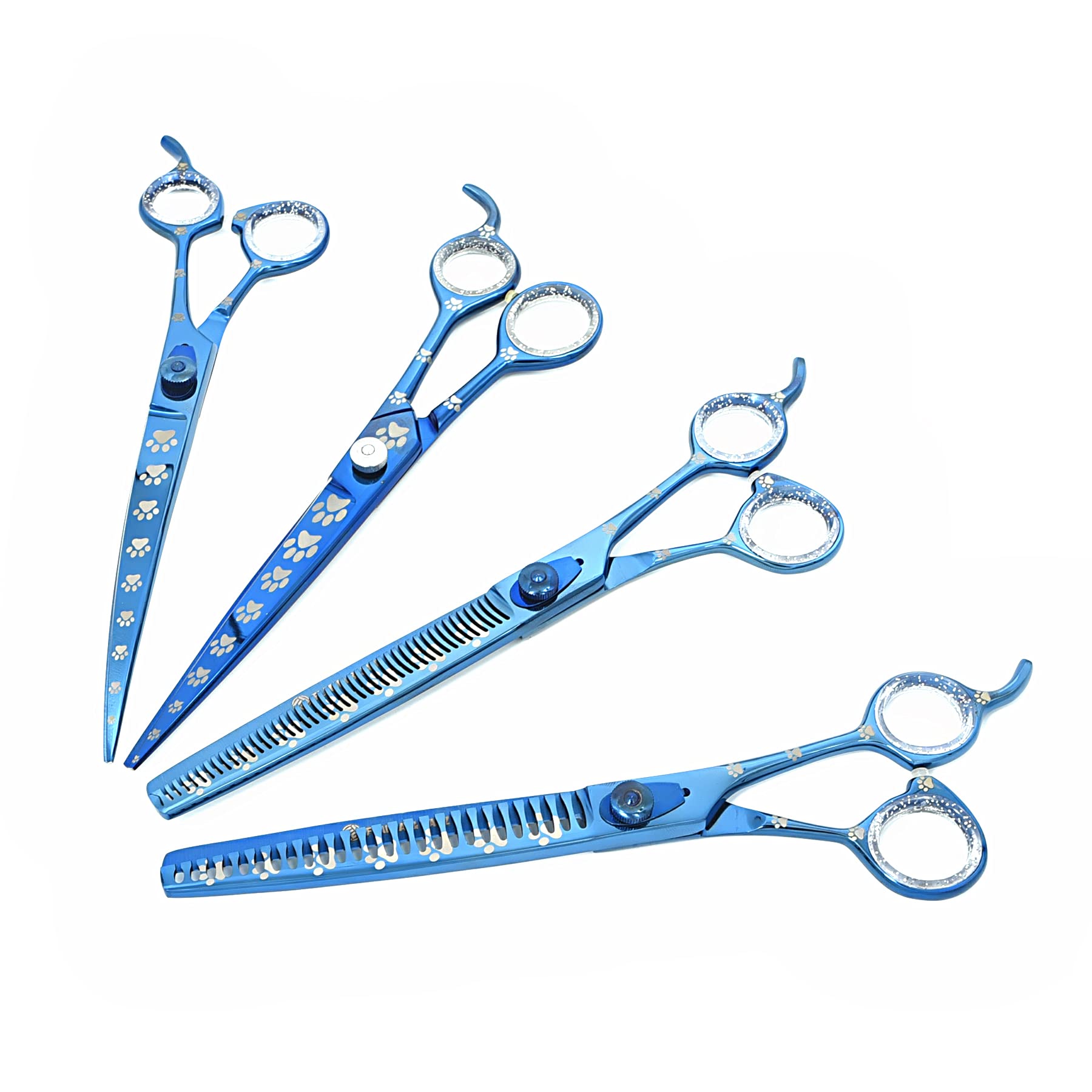 Professional Dog Grooming Scissors Set of Straight, Curved, Thinner/Blender and Chunker Shears with Paw Prints for Dogs, Cats & Pets (Right Handed, Blue, Stainless Steel 8 Inch)