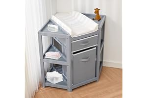 Garvee Corner Diaper Station with Pull-Out Drawer, Laundry Basket & Waterproof Pad – Compact Changing Organizer for Infant Nu