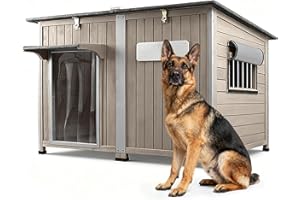 Ketive 55"L Dog House Outdoor Large Breed Extra XL Wooden Dog House with Weatherproof Asphalt Roof, All-Around Iron Frame, Removable Floor, Openable Top Roof, Air Vents Window for Medium to Large Dogs