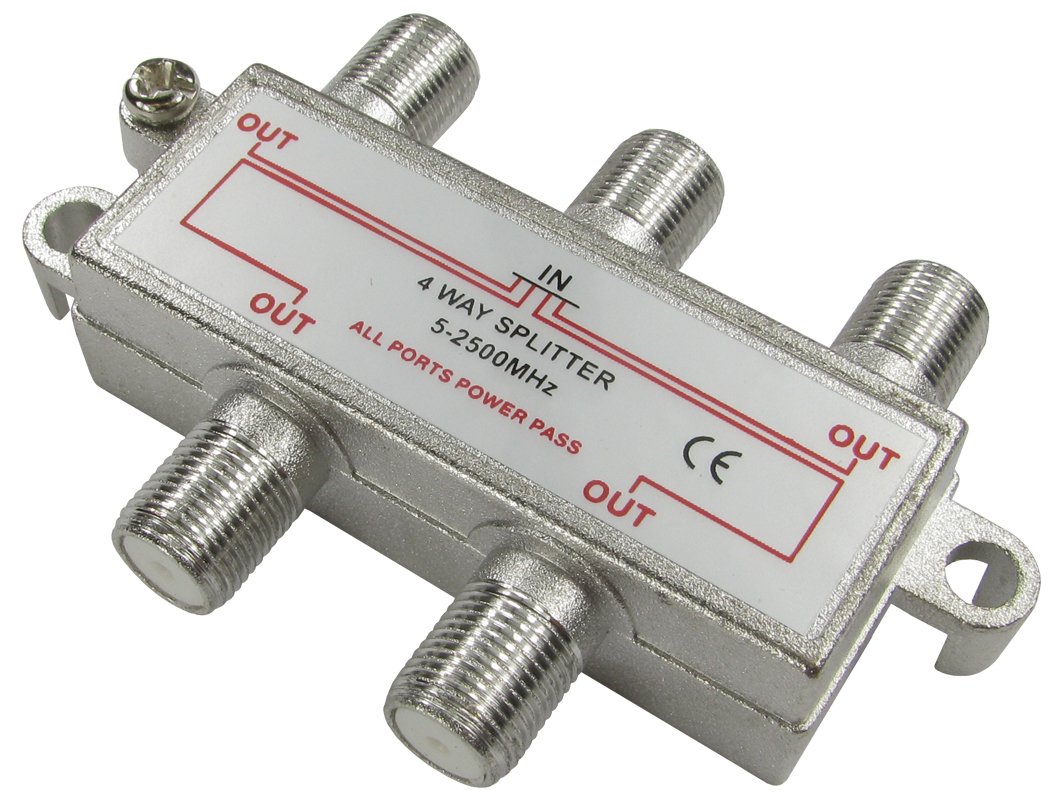 4 Way F-Connector (Satellite) Cable Splitter - DC Power Pass Through - Metal Casting - 1 x Female to 4 x Female (Split RF Coax Signal from ONE Source to FOUR Displays)
