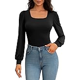 CLOZOZ Square Neck Womens T Shirts Puff Sleeve Shirts for Women Long Slim Fitted Tee Tops