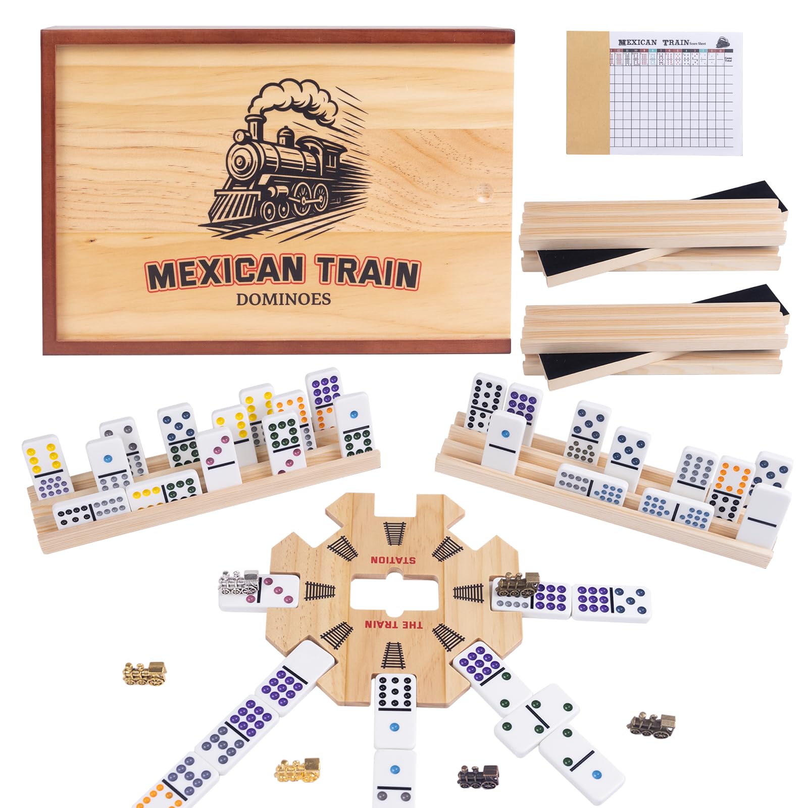 Photo 1 of Double 15 Mexican Train Dominoes Set for Adults with 8 Wooden Trays, 8 Train Markers with Velvet Pouch, 136 Color Dot Tiles, Solid Wood Hub & Scorepad in Drawer Box – Classic Family Board Game Gift