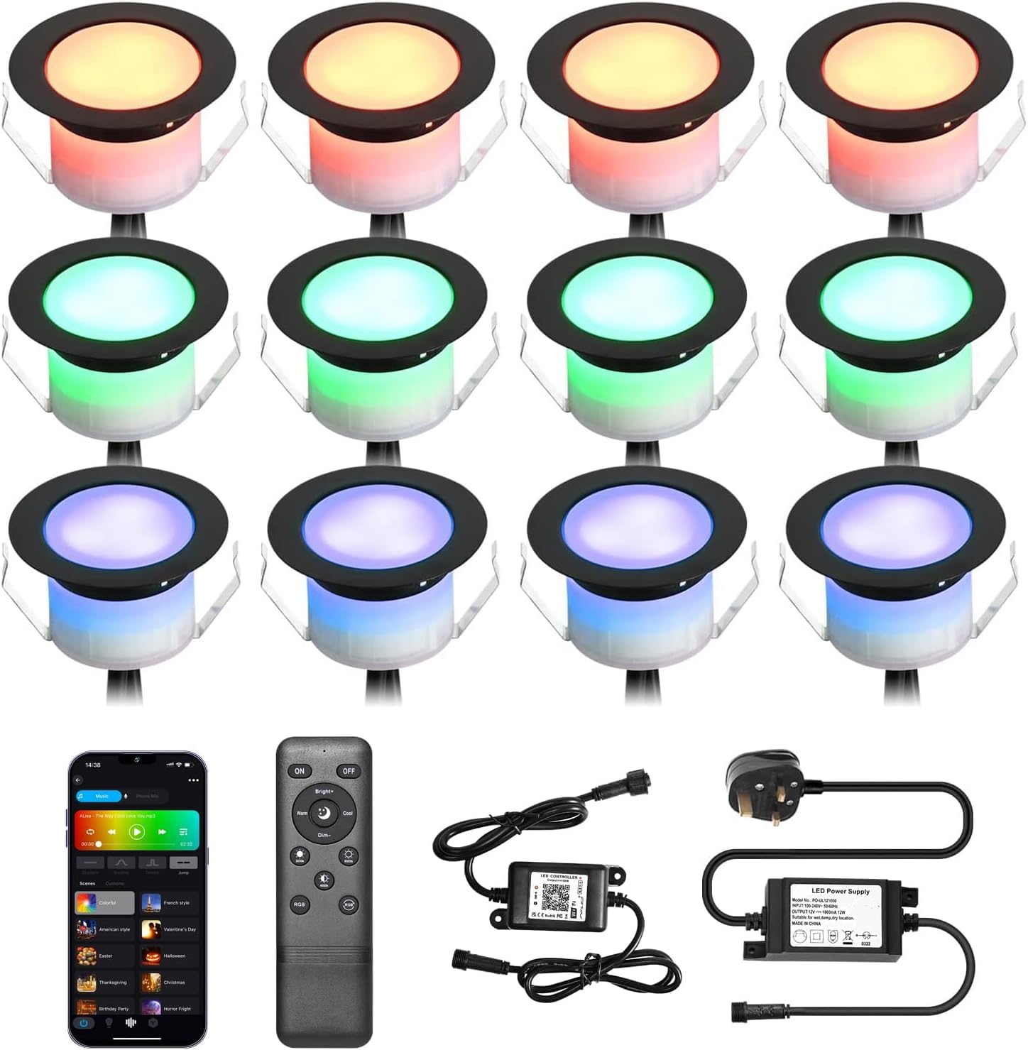 GEYUEYA Home WiFi Led Decking Lights RGBW Waterproof IP67 Multicolor Ø45MM 12V WiFi Function LED Deck Lights with Remote Control for Terrace/Patio/Path/Garden-12 Packs