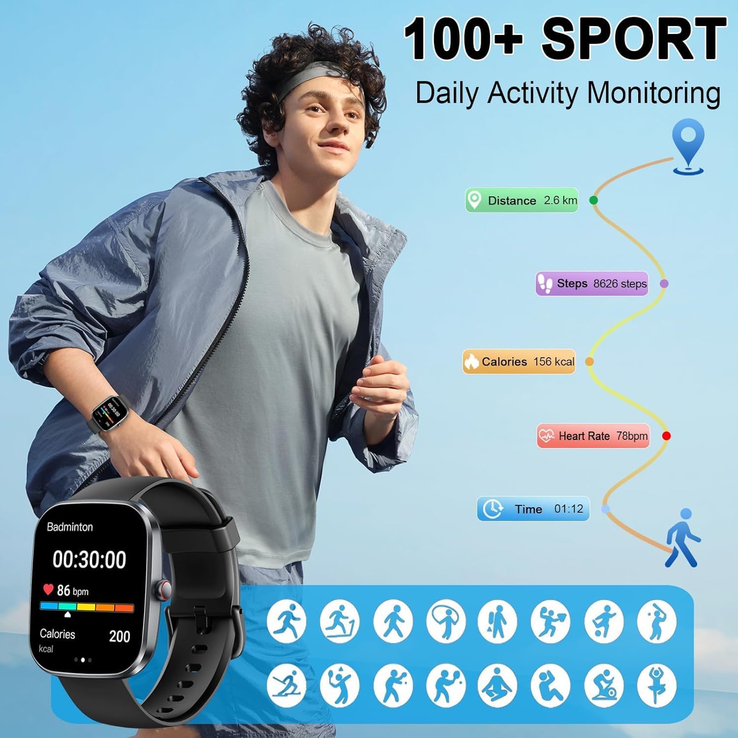 Smartwatch Herren Damen, 1.91'' Zoll HD Smart Watch mit Bluetooth Anrufe, Fitness Tracker Schrittzähler mit 110+ Sportmodi, Schlafmonitor SpO2 Herzfrequenz, IP68 Wasserdicht Fitnessuhr für Android iOS 4
