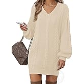 VAFOLY Women's Pullovers Jumper Sweaters Lantern Sleeve Casual V Neck Fall Knit Mini Sweater Dresses