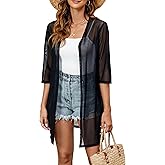 Totatuit Women 3/4 Sleeve Open Front Cardigan Sheer Kimono Swimsuit Coverups Duster