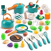 60Pcs Kids Mini Play Kitchen Accessories, Pretend Cooking Play Set with Cookware, Tableware & Fruit & BBQ Sets, Learning Gift for Boys, Girls, Toddlers,Green