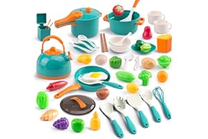 ZERO ZOO 60Pcs Kids Mini Play Kitchen Accessories, Pretend Cooking Play Set with Cookware, Tableware & Fruit & BBQ Sets, Learning Gift for Boys, Girls, Toddlers,Green
