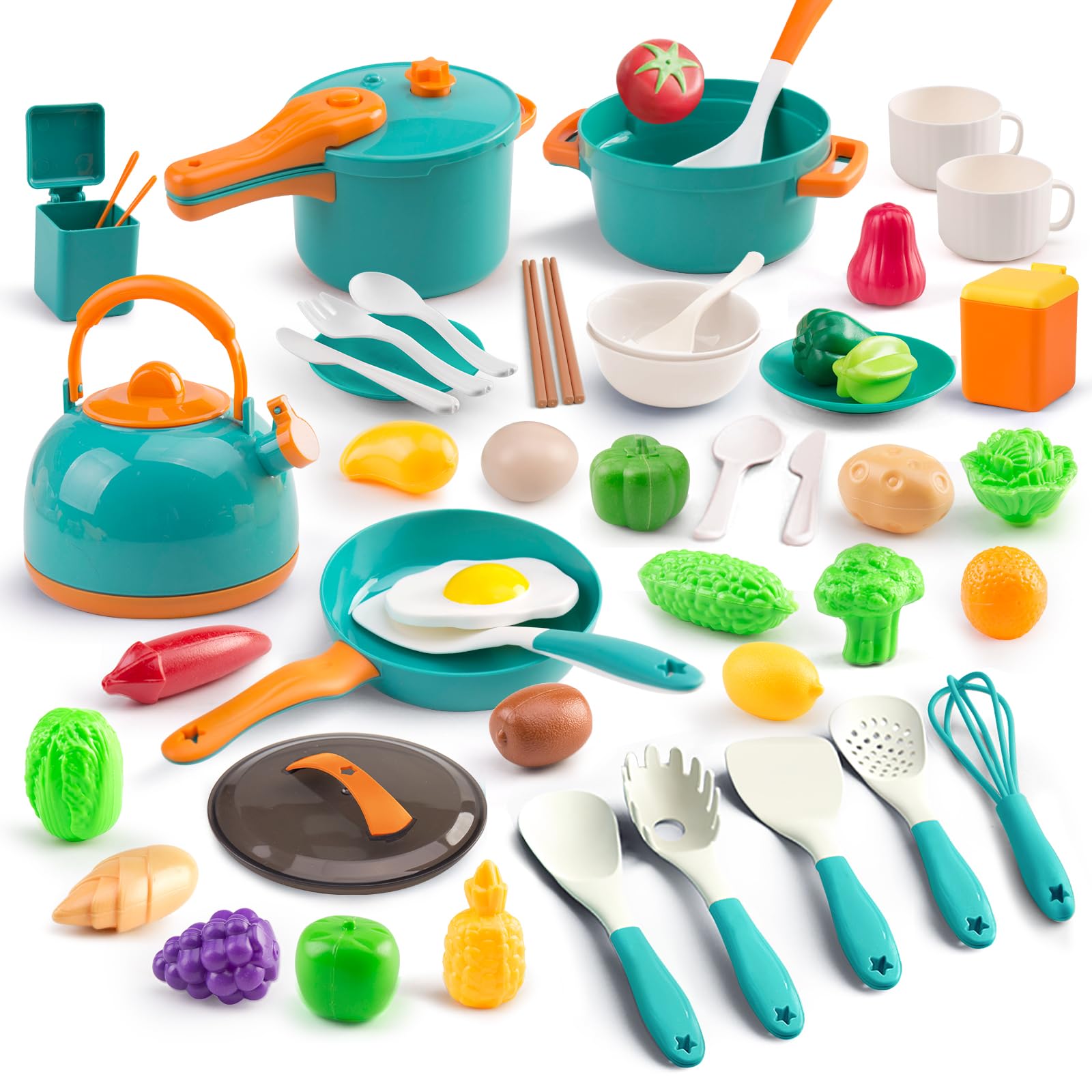 Photo 1 of 56Pcs Mini Play Kitchen Accessories for Kids, Pretend Cooking Playset with Cookware, Tableware & 2 Fruit Sets, Learning Gift for Girls, Boys, Toddlers, Green