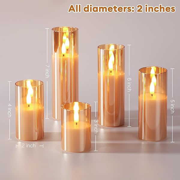 GIRIMAX GOLD GLASS FLAMELESS CANDLES WITH REMOTE BATTERIES, FLICKERING SLIM LED PILLAR CANDLES HOME TABLE DECOR SET OF 5