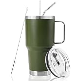 DYNAMIC SE 30 oz Tumbler With Handle, Double Wall Stainless Steel Vacuum Insulated Travel Mug with Splash-Proof Lid Metal Straw and Brush (Olive)