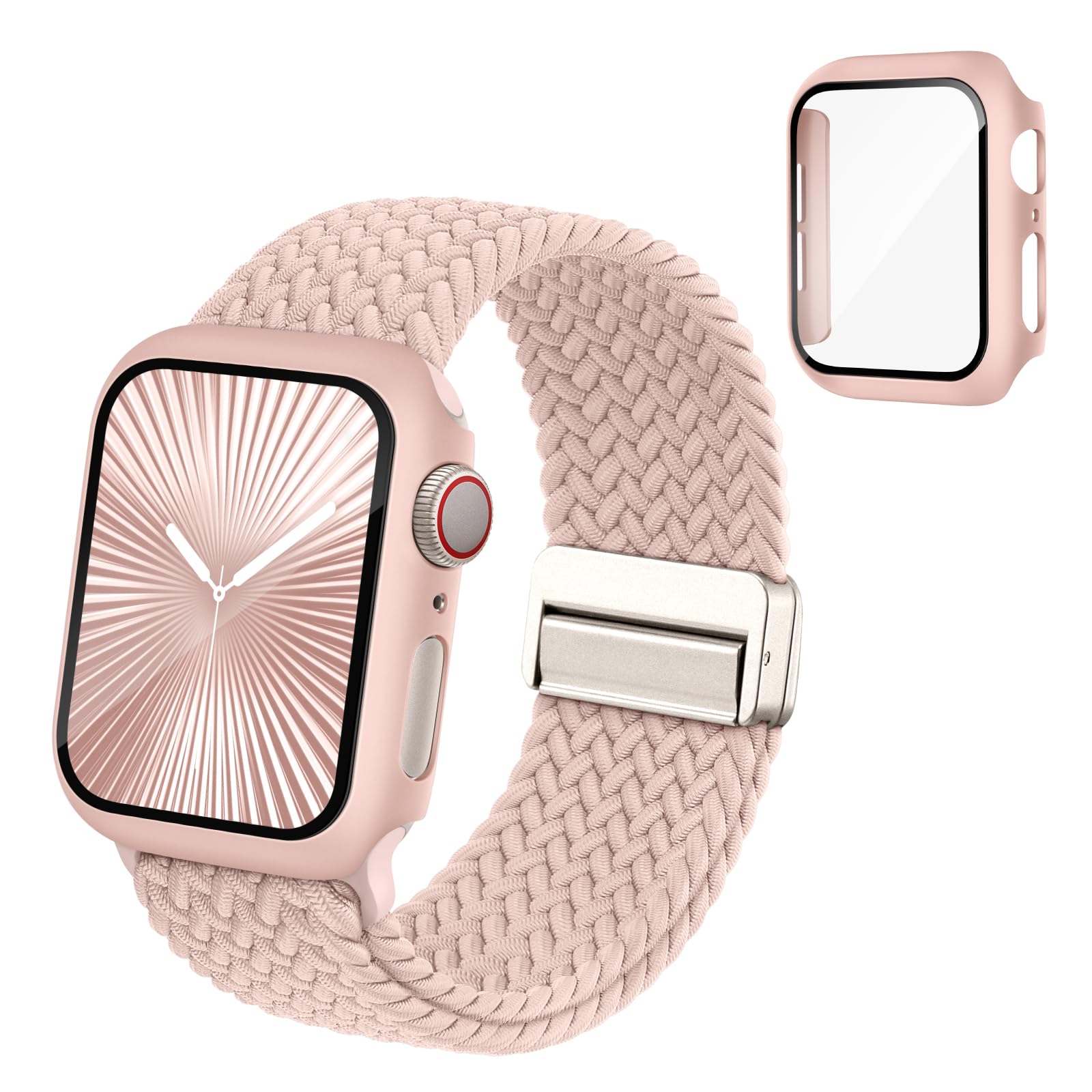 Magnetic Braided Stretchy Bands Compatible for Apple Watch Band and Case 40mm 41mm 42mm 44mm 45mm 46mm, Nylon Elastic Solo Loop with Screen Protector Cover for iWatch Series 10 9 8 7 6 5 4 3 11 SE 2 1