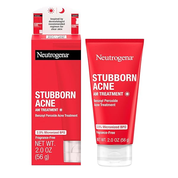 NEUTROGENA STUBBORN ACNE AM FACE TREATMENT WITH 2.5% MICRONIZED BENZOYL PEROXIDE ACNE MEDICATION, OIL-FREE DAILY FACIAL TREATMENT REDUCES SIZE & REDNESS OF BREAKOUTS, PARABEN-FREE, 2.0 OZ